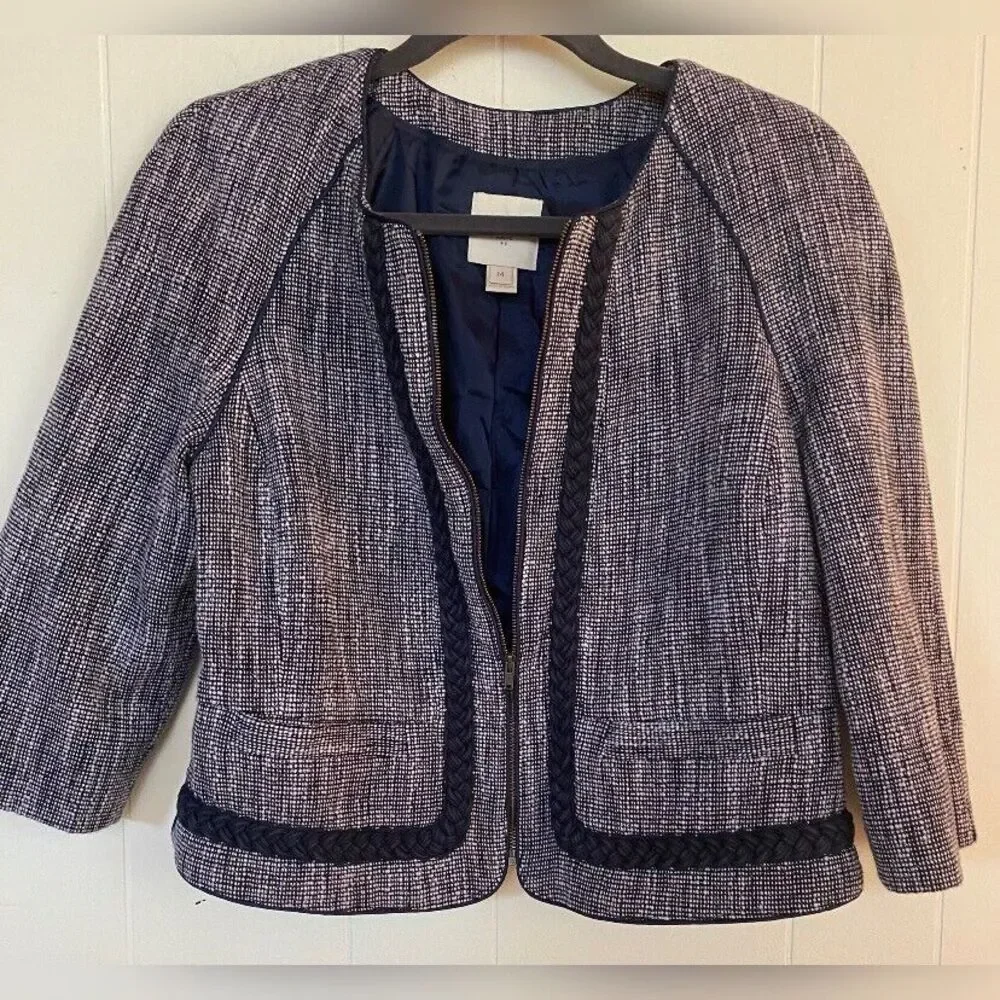 J. Crew Jacket Blazer Women’s 14 Blue Tweed Braiding Preppy Full Zip